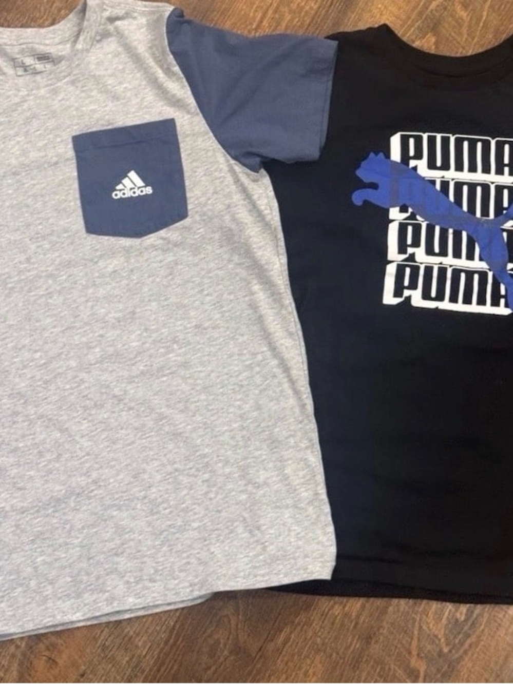 Adidas Grey Tee with Blue Pocket & Navy Puma Graphic Tee Youth L new without tag
